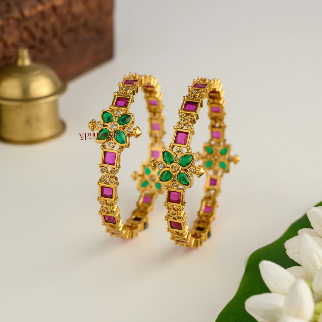 Floral With Square Kemp Matte Bangle - Pair