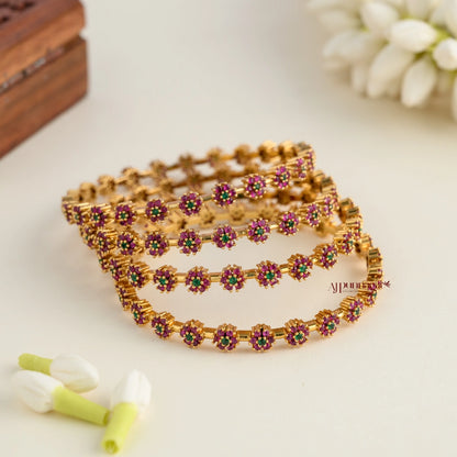 Ruby With Green AD Floral Bangle - Set of 4