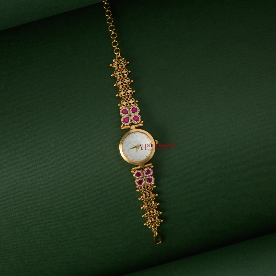 Beautiful Floral Jadau Bridal Watch - White