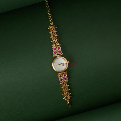 Beautiful Floral Jadau Bridal Watch - White