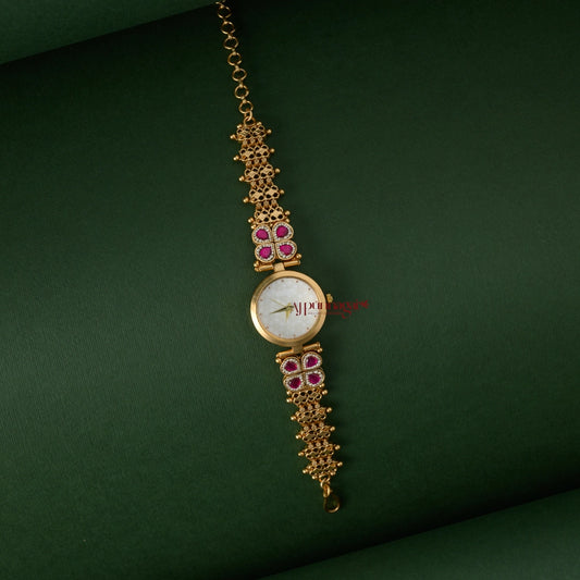 Beautiful Floral Jadau Bridal Watch - White