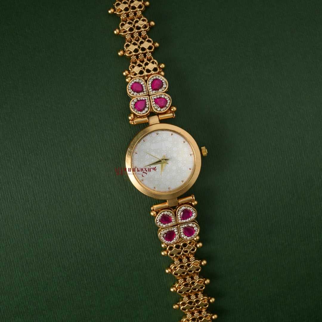 Beautiful Floral Jadau Bridal Watch - White