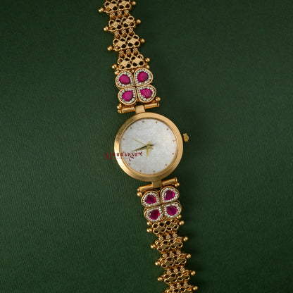 Beautiful Floral Jadau Bridal Watch - White
