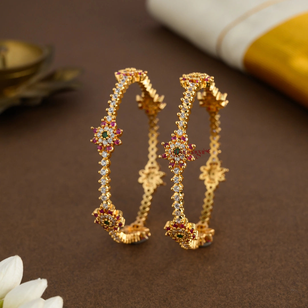 Dazzling AD Floral Matte Bangle - Pair