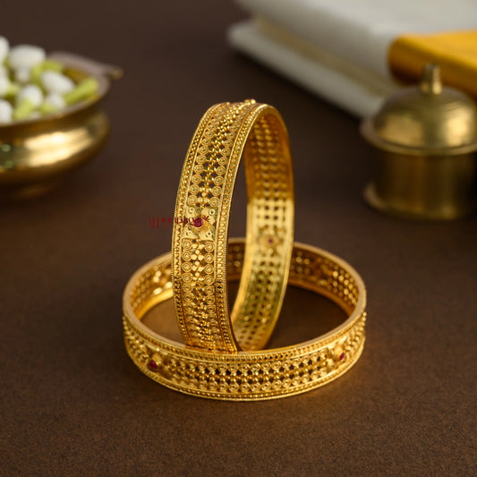 Kerala Style Gold Finish Floral Bangle - Pair
