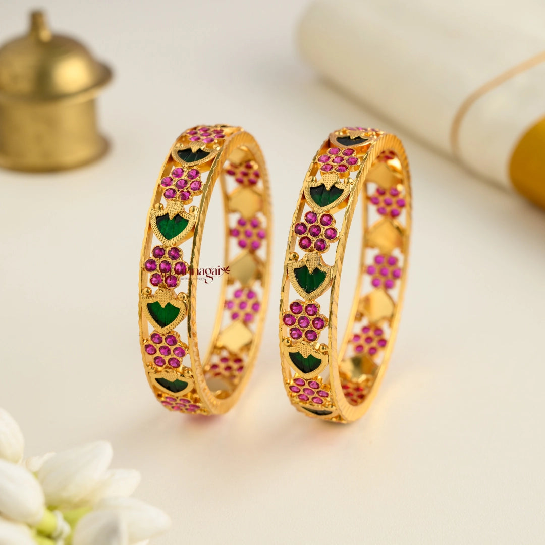 Gold Finish Floral Green Palakka Bangle - Pair