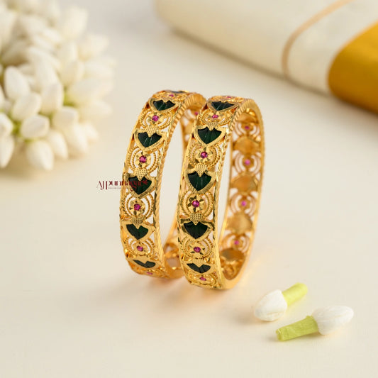 Gold Finish Palakka Green Bangle - Pair