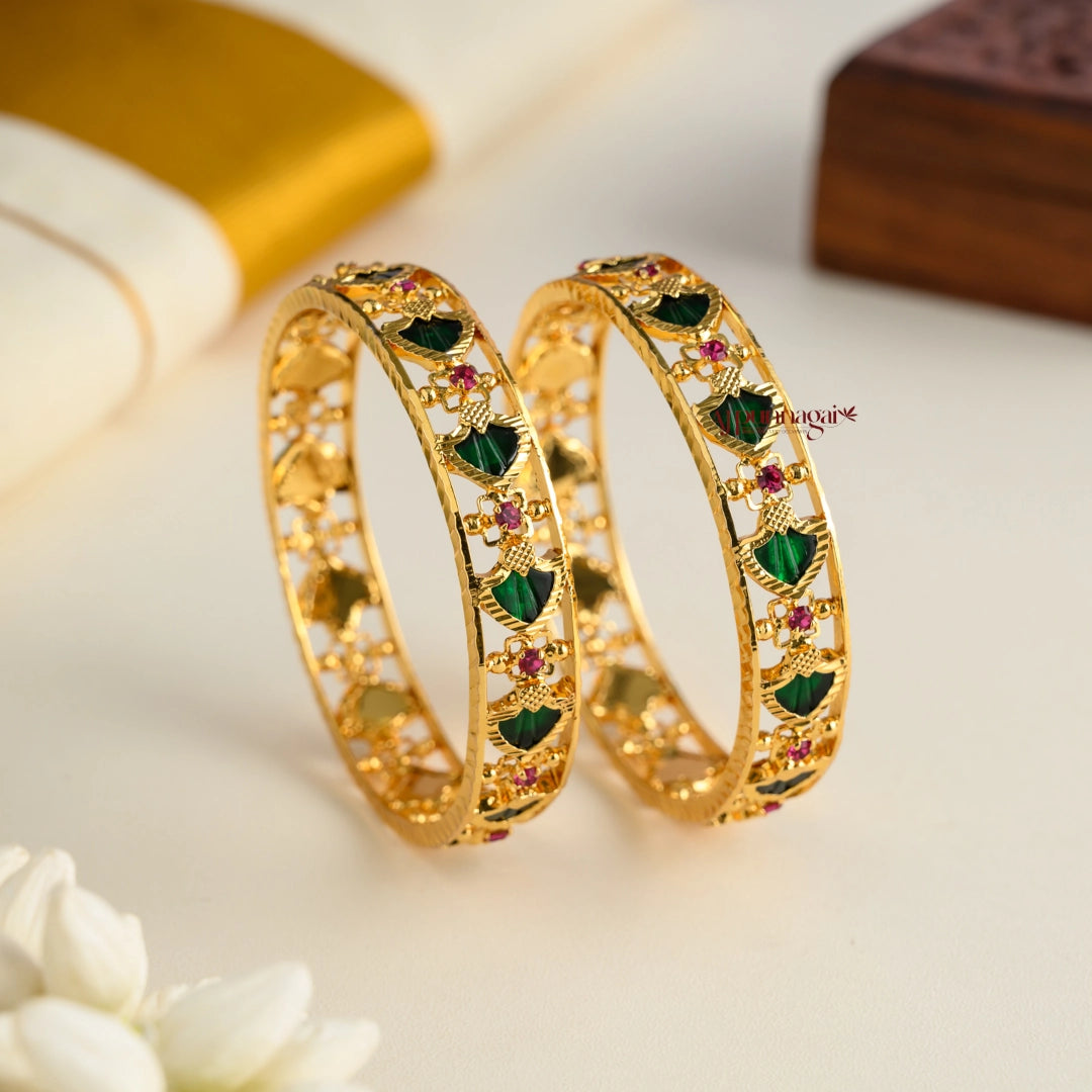 Gold Finish Green Palakka Bangle - Pair