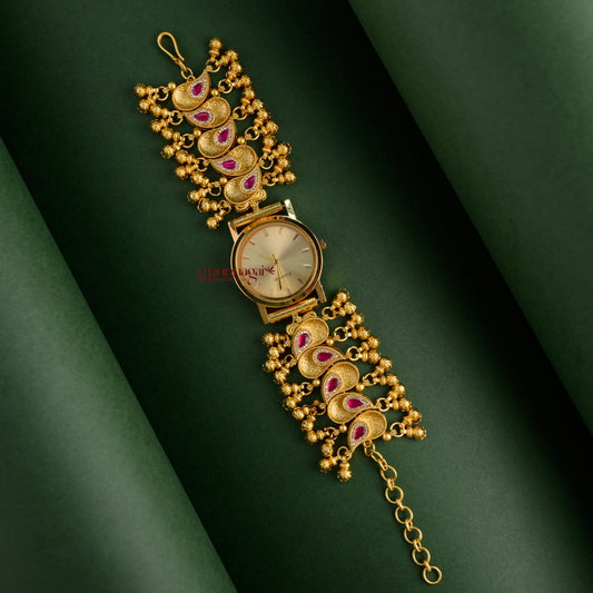 Stylish Heritage Kundan Jadau Watch - Cream