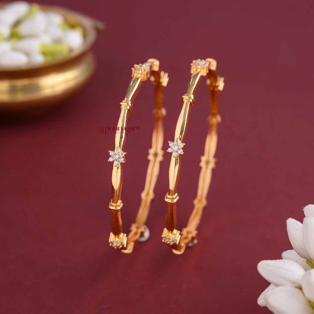 Micro Gold Finish Floral Bangle - Pair