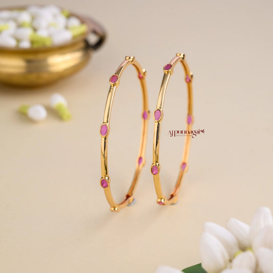 Pink Oval AD Gold Finish Bangle - Pair