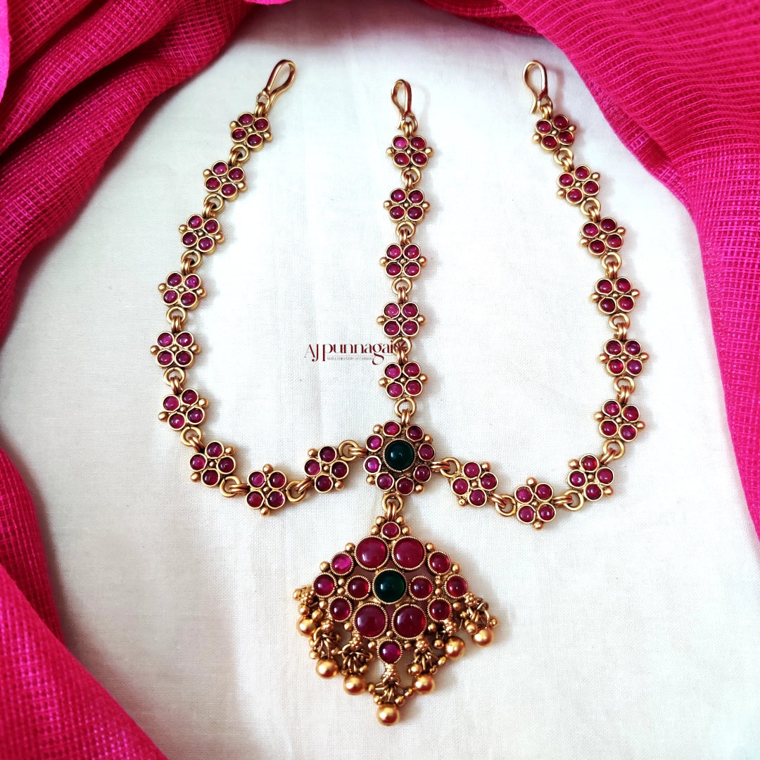 Floral Kemp & Green Stone Golden Beads Head Set