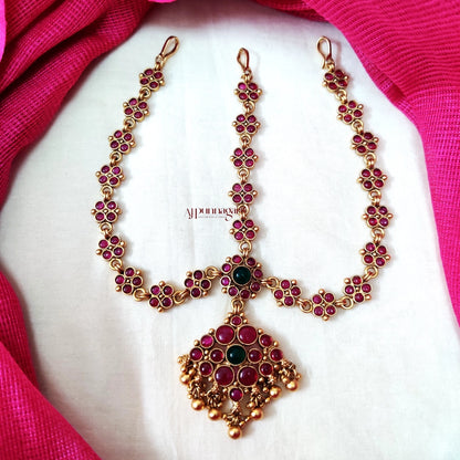 Floral Kemp & Green Stone Golden Beads Head Set