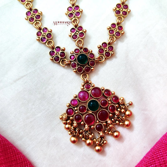 Floral Kemp & Green Stone Golden Beads Head Set