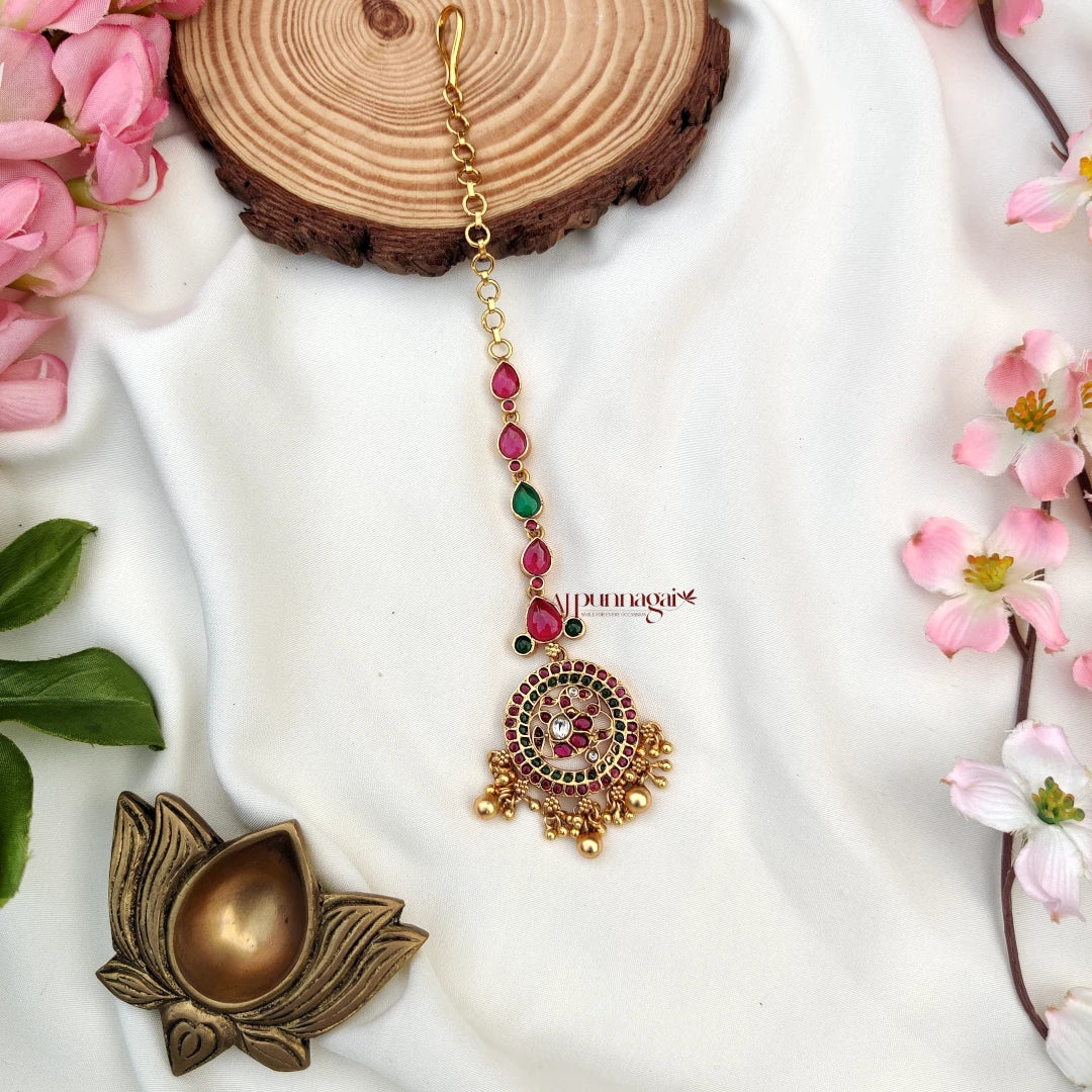 Dazzling design Kemp stone Maang Tikka with Gold beads - Multi