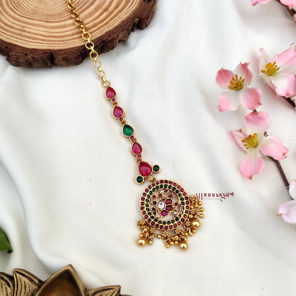 Dazzling design Kemp stone Maang Tikka with Gold beads - Multi