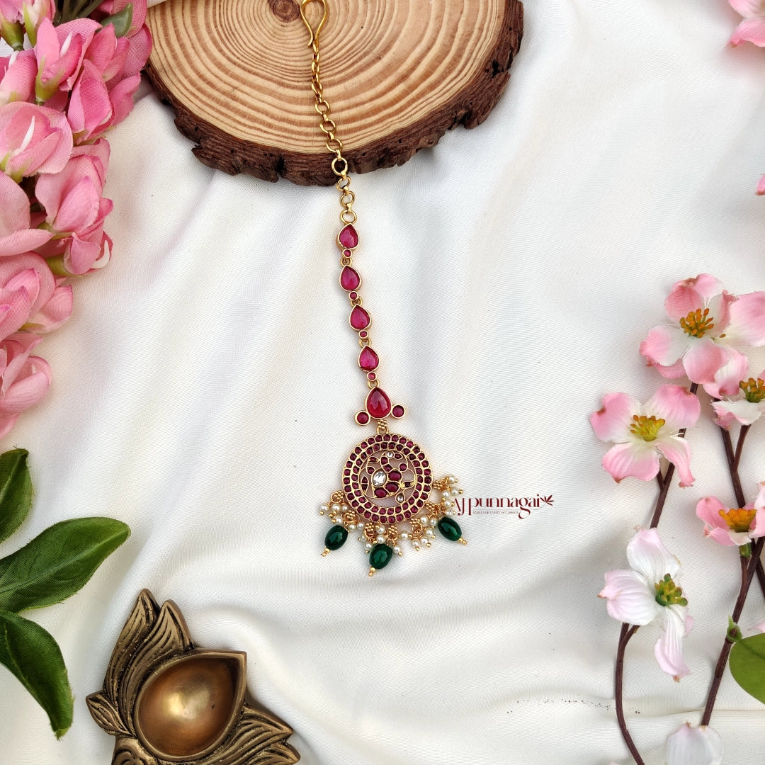 Fashionable design Kemp stone Maang Tikka - Ruby
