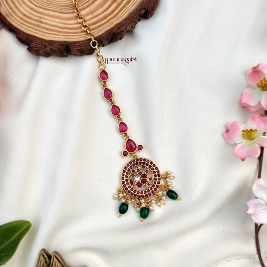 Fashionable design Kemp stone Maang Tikka - Ruby