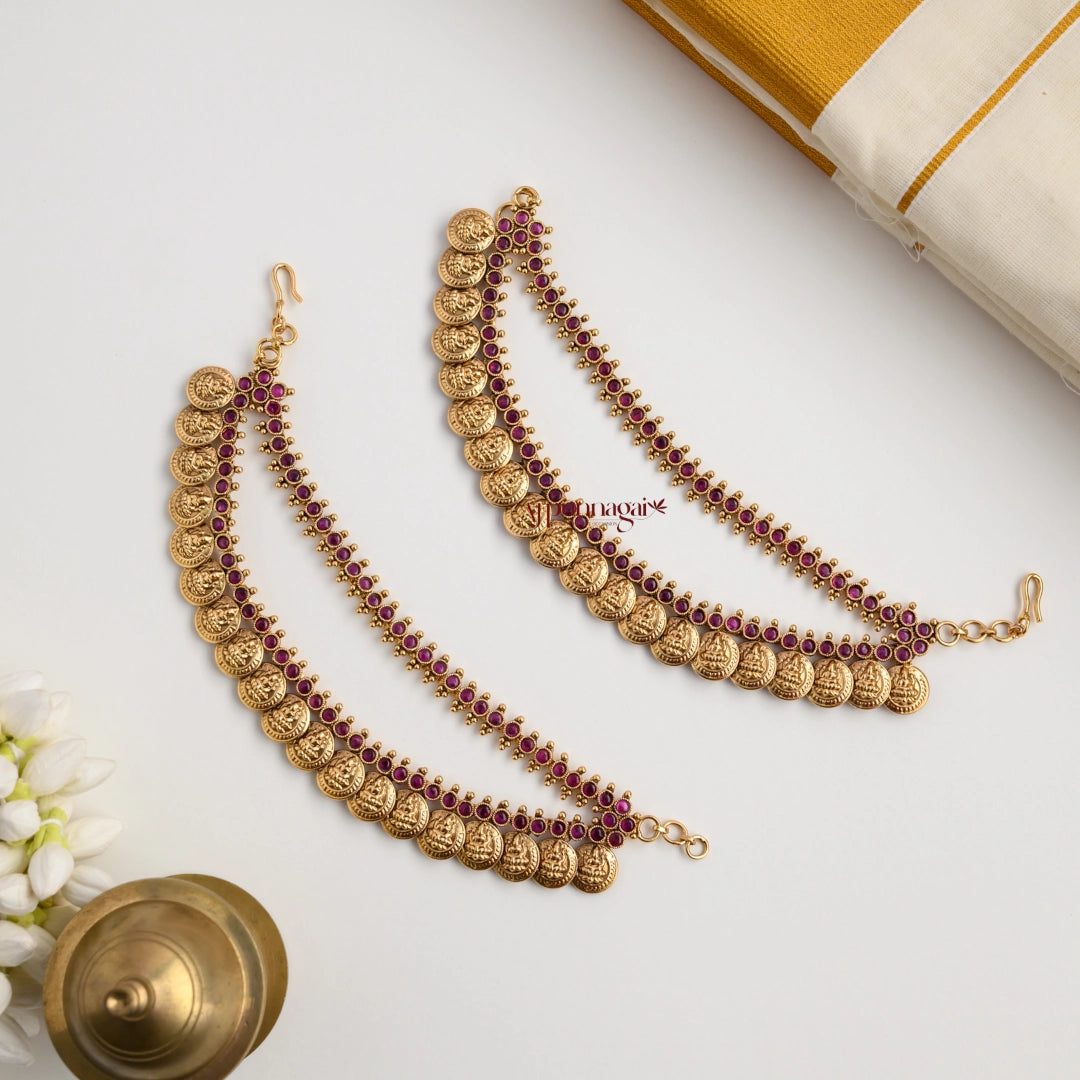 Gold Look Alike Lakshmi Coin Mattal - Ruby