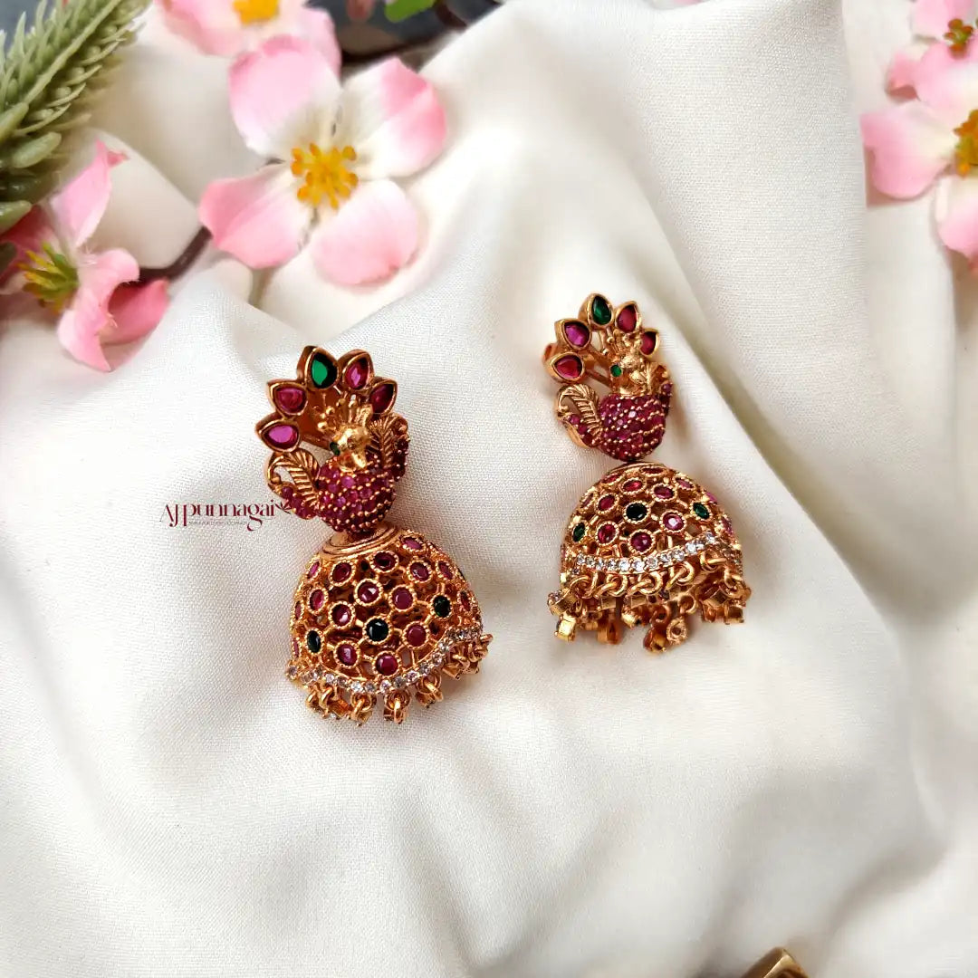 Eyecatching Peacock design AD stone Jhumka