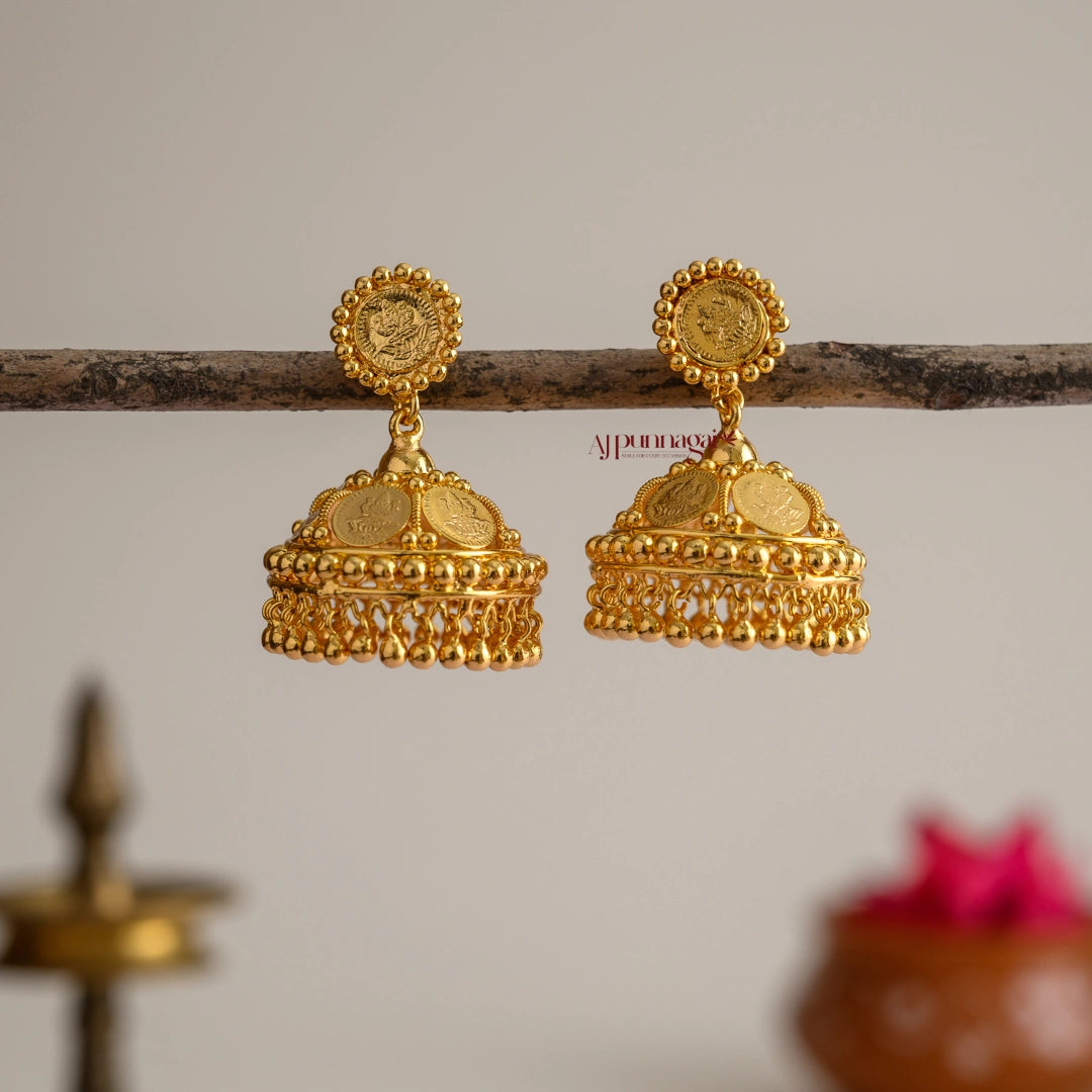 Gold Finish Lakshmi Coin Jhumka