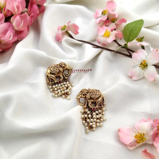 Stunning Design Elephant Motifs Earring - Pearl