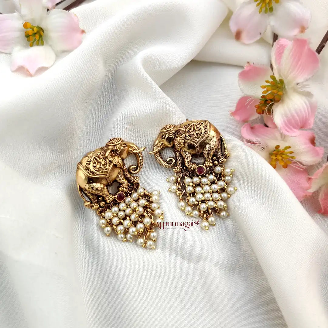 Stunning Design Elephant Motifs Earring - Pearl