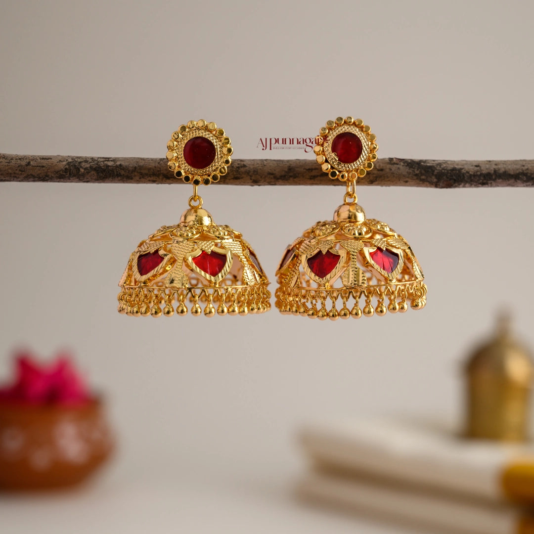 Beautiful Kerala Style Palakka Jhumka - Red