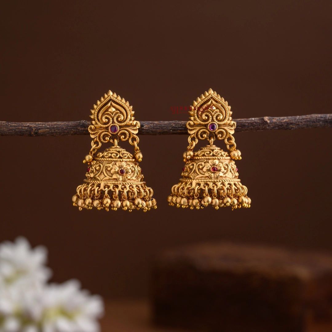 Antique Floral Jhumka - Ruby