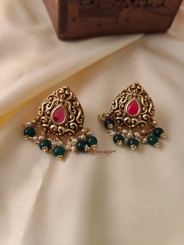 Gold Look Alike Green Bead Earring