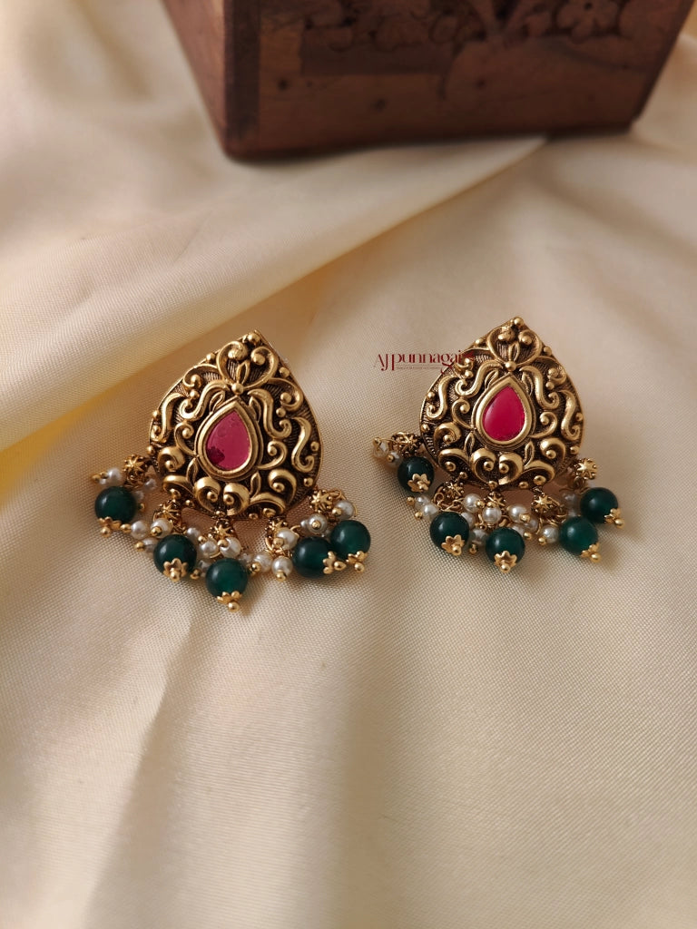 Gold Look Alike Green Bead Earring