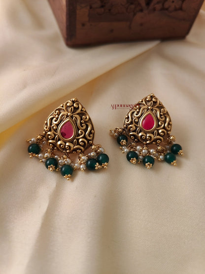 Gold Look Alike Green Bead Earring