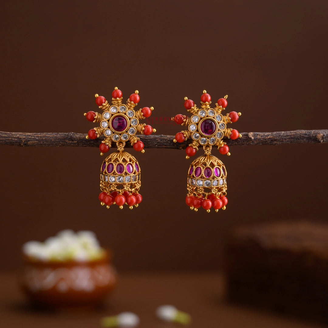 Attractive Floral Coral Jhumka - Ruby