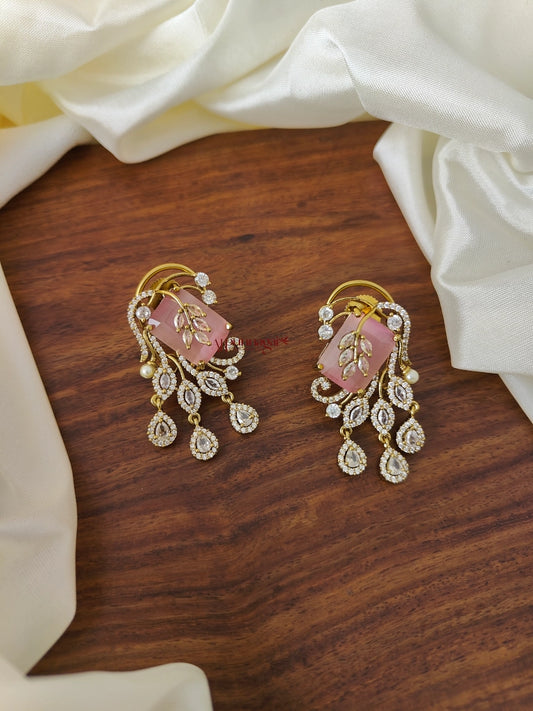 Leafy AD Stone Earring - Pastel Pink