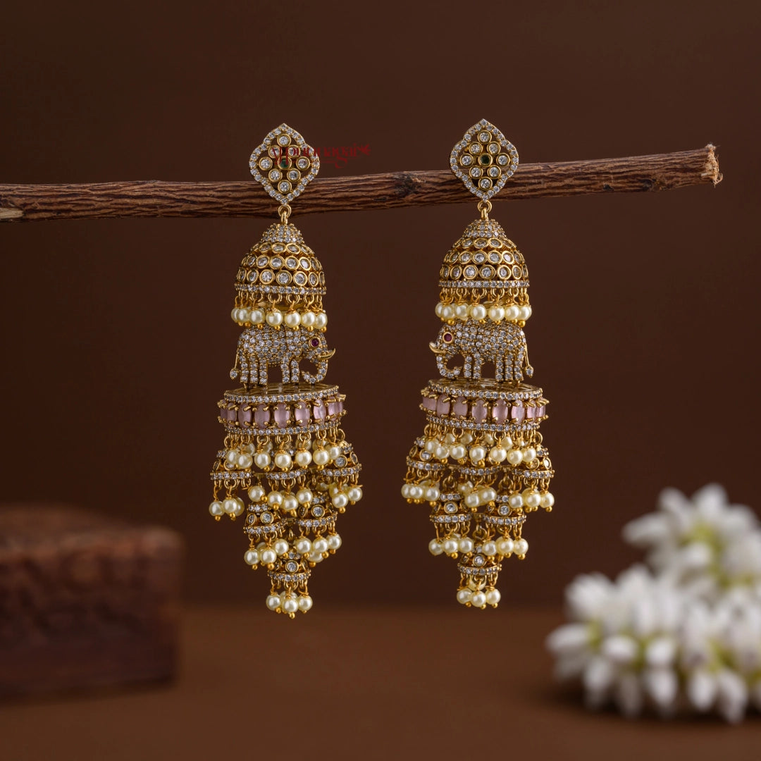 Dazzling AD Elephant Jhumka - Pastel Pink