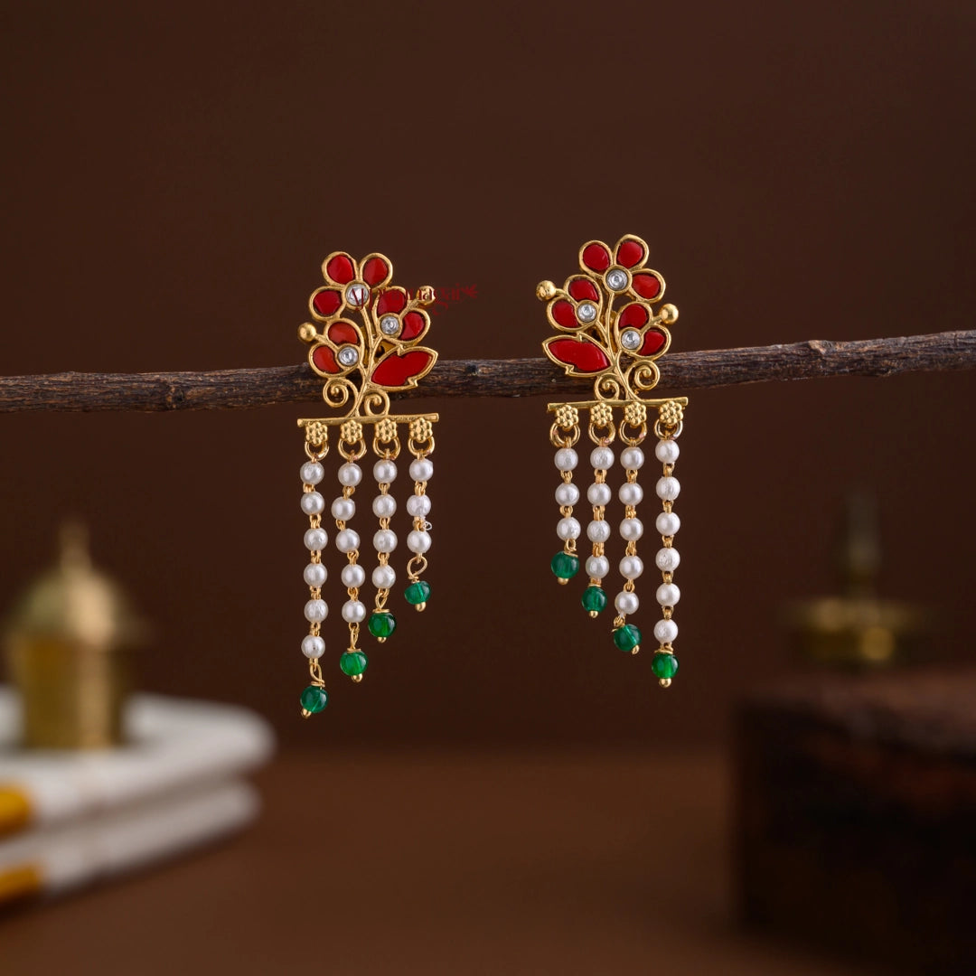 Kundan Jadau Floral Earring - Coral