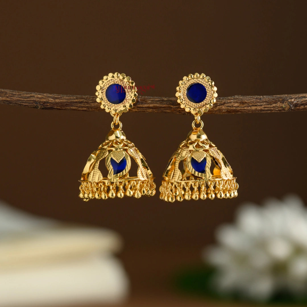 Gold Finish Mango Palakka Kerala Style Jhumka - Blue