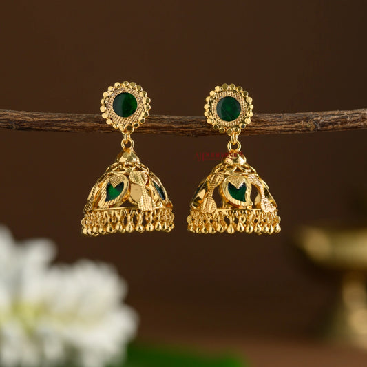 Gold Finish Mango Palakka Kerala Style Jhumka - Green