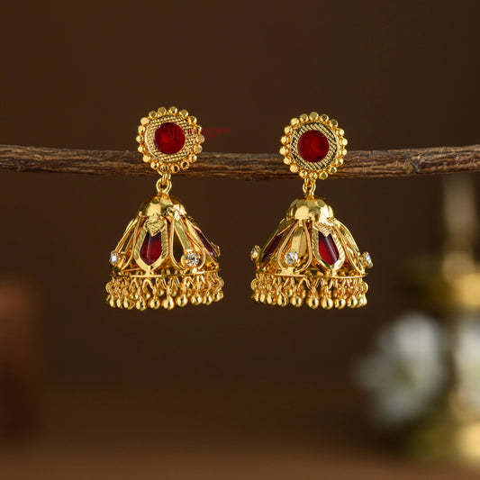 Gold Finish Nagapadam Kerala Style Jhumka - Red