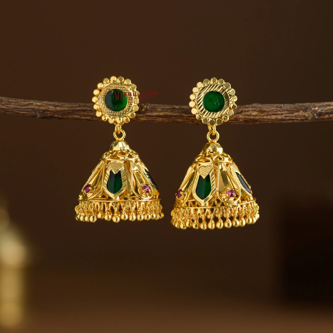Gold Finish Nagapadam Kerala Style Jhumka - Green