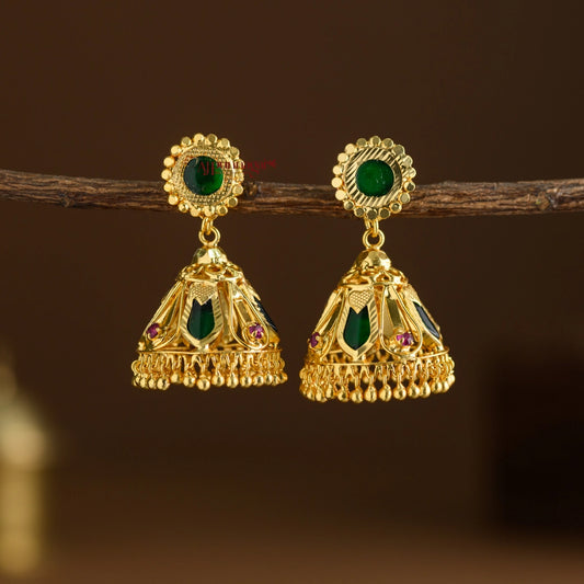 Gold Finish Nagapadam Kerala Style Jhumka - Green