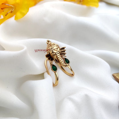 Traditional Lord Ganesha motifs vanki type Finger Ring - Green