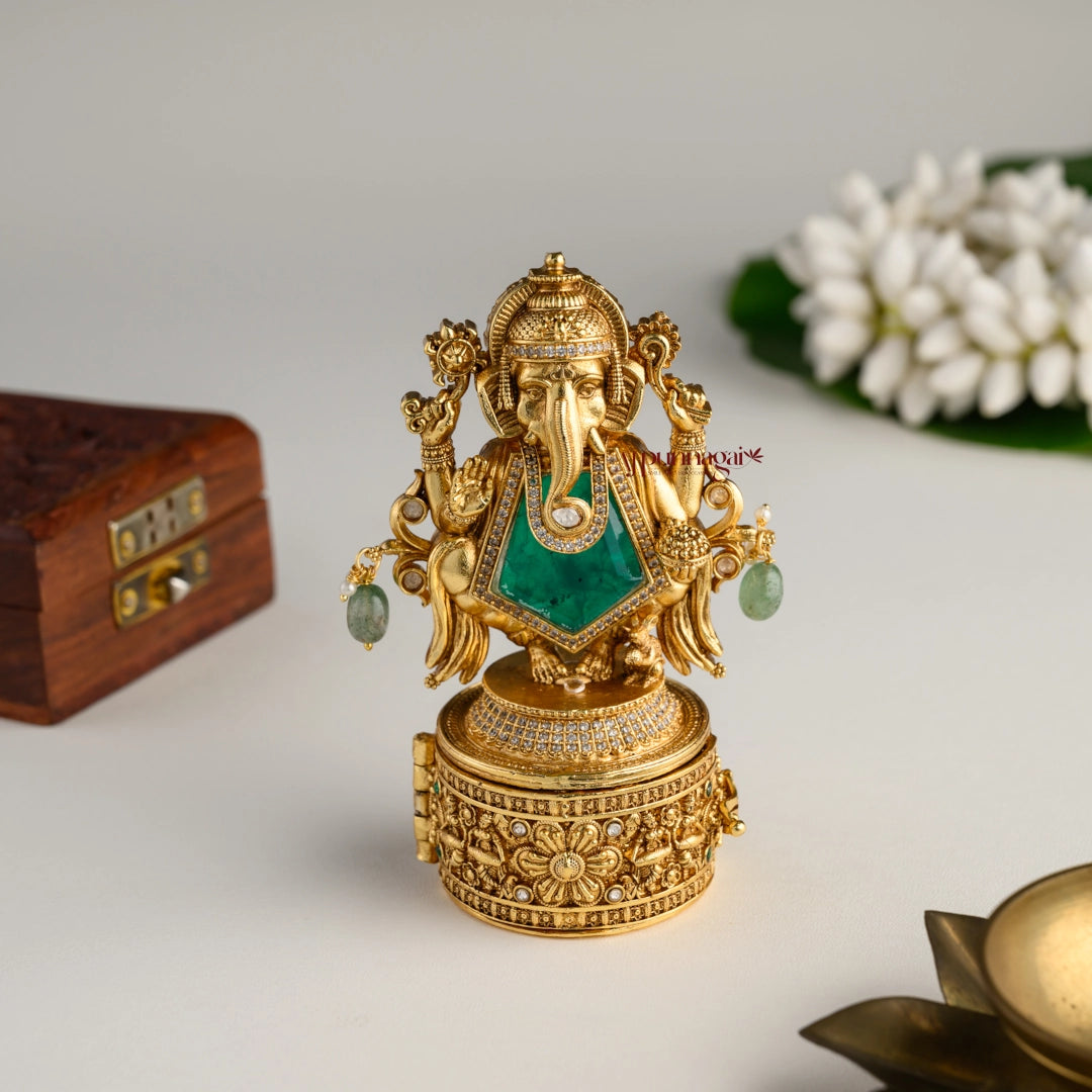 Royal Look Ganesha Kumkum Box - Sea Green